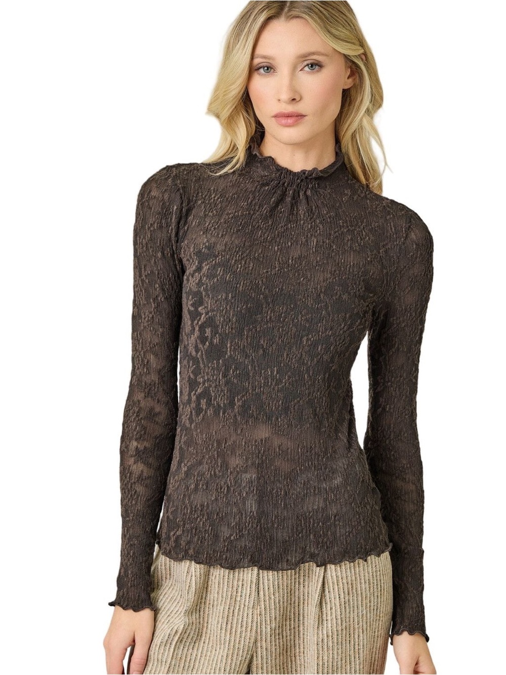 Lettuce edge textured knit Brown Lace Mock Neck Long Sleeve Top